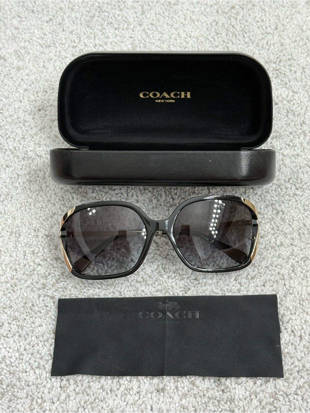 Coach Black Sunglasses with Gold Accents and Gradient Lenses